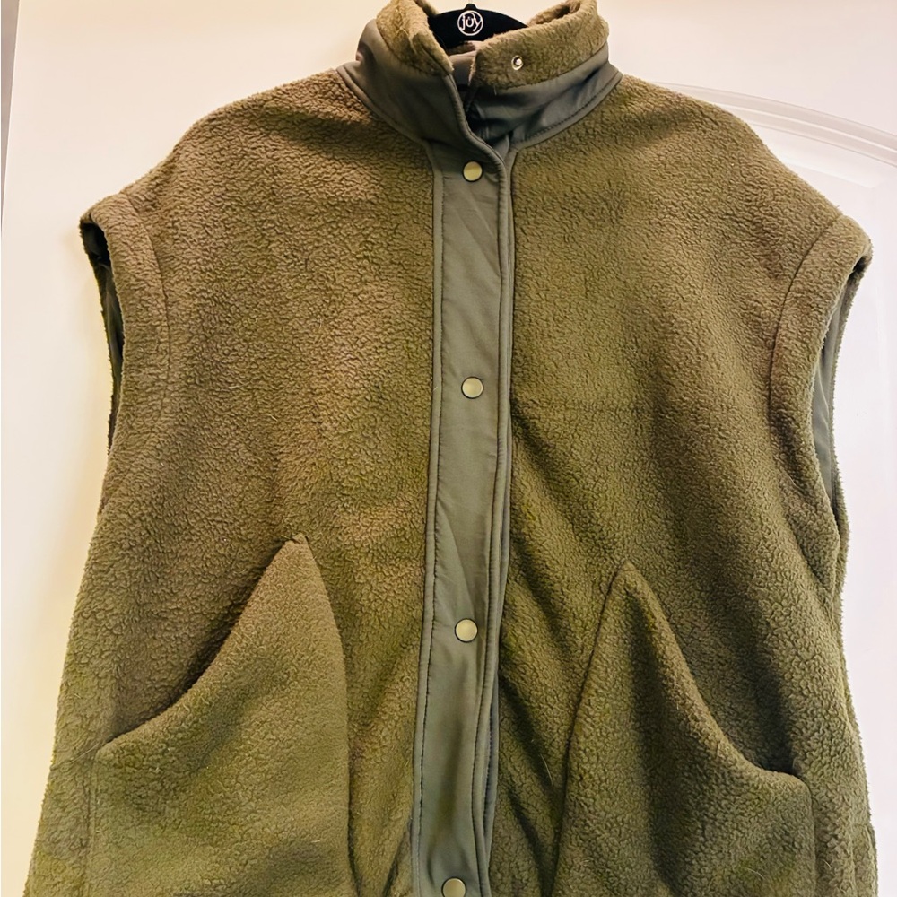 Olive Green Sherpa Snap-Front Vest